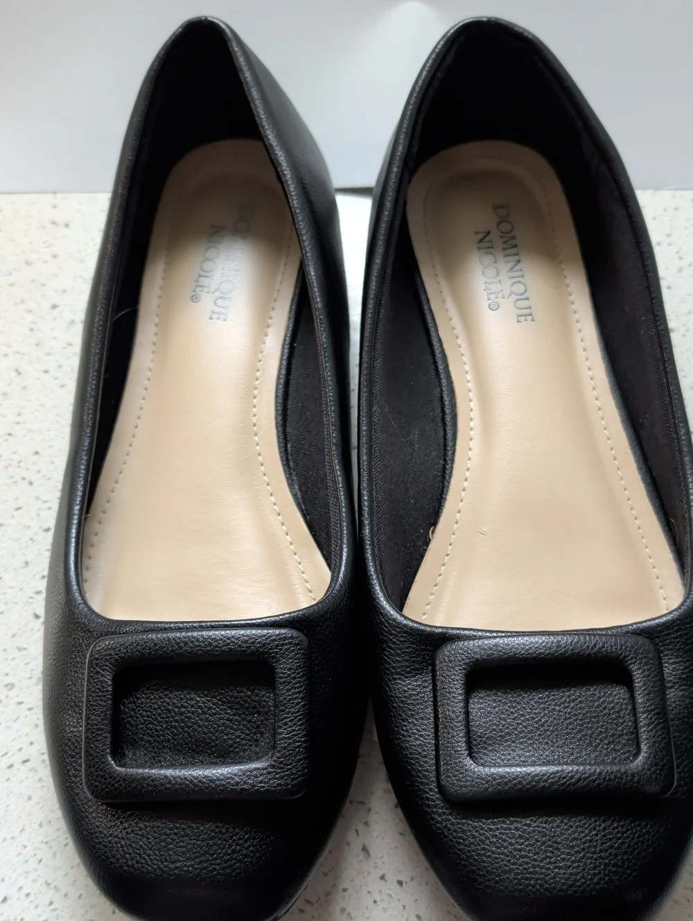 Dominique Black Faux-Leather Ballet Flats with Square Buckle
